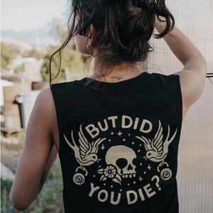 Black Graphic Tank Top with Skull and Birds